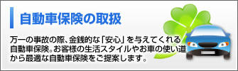 自動車保険の取扱：万一の事故の際、金銭的な「安心」を与えてくれる自動車保険。お客様の生活スタイルやお車の使い道から最適な自動車保険をご提案します。